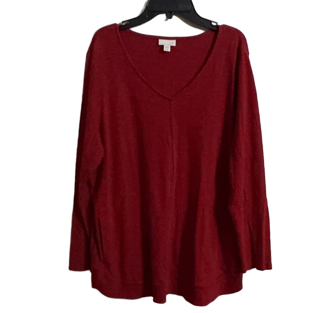 J.Jill Petite L Red V-Neck Tunic Shirt Long Sleeve Knit Pockets Comfy LagenLook